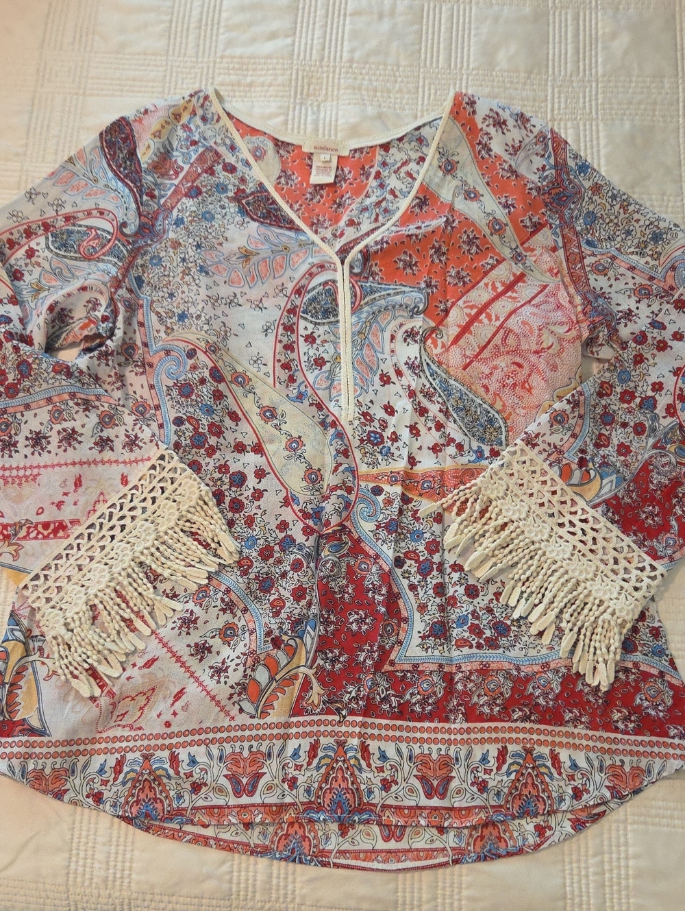 Sundance Paisley Print Long-Sleeve Women's Top in Cream & Coral